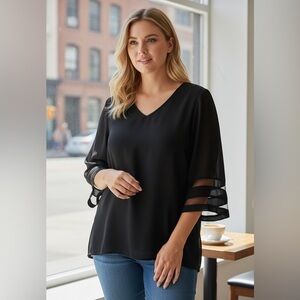 NEW•1X•Creme De La Creme Classy Flounce Sheer Sleeve Top